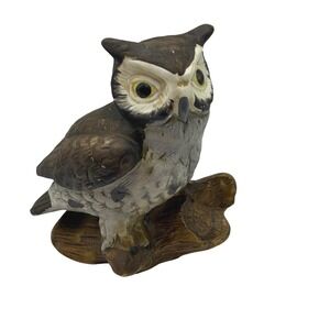 Vtg Norleans Ceramic Horned‎ Owl Figurine Hand Painted Bird Statue Brown Grey